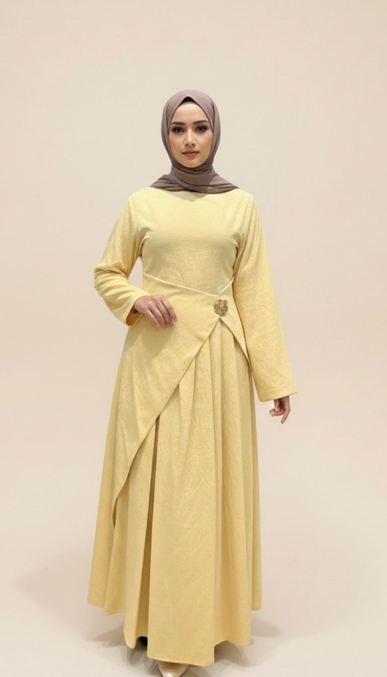 Bürem Butik Liva Drape Detaylı Tesettür Elbise – Sarı