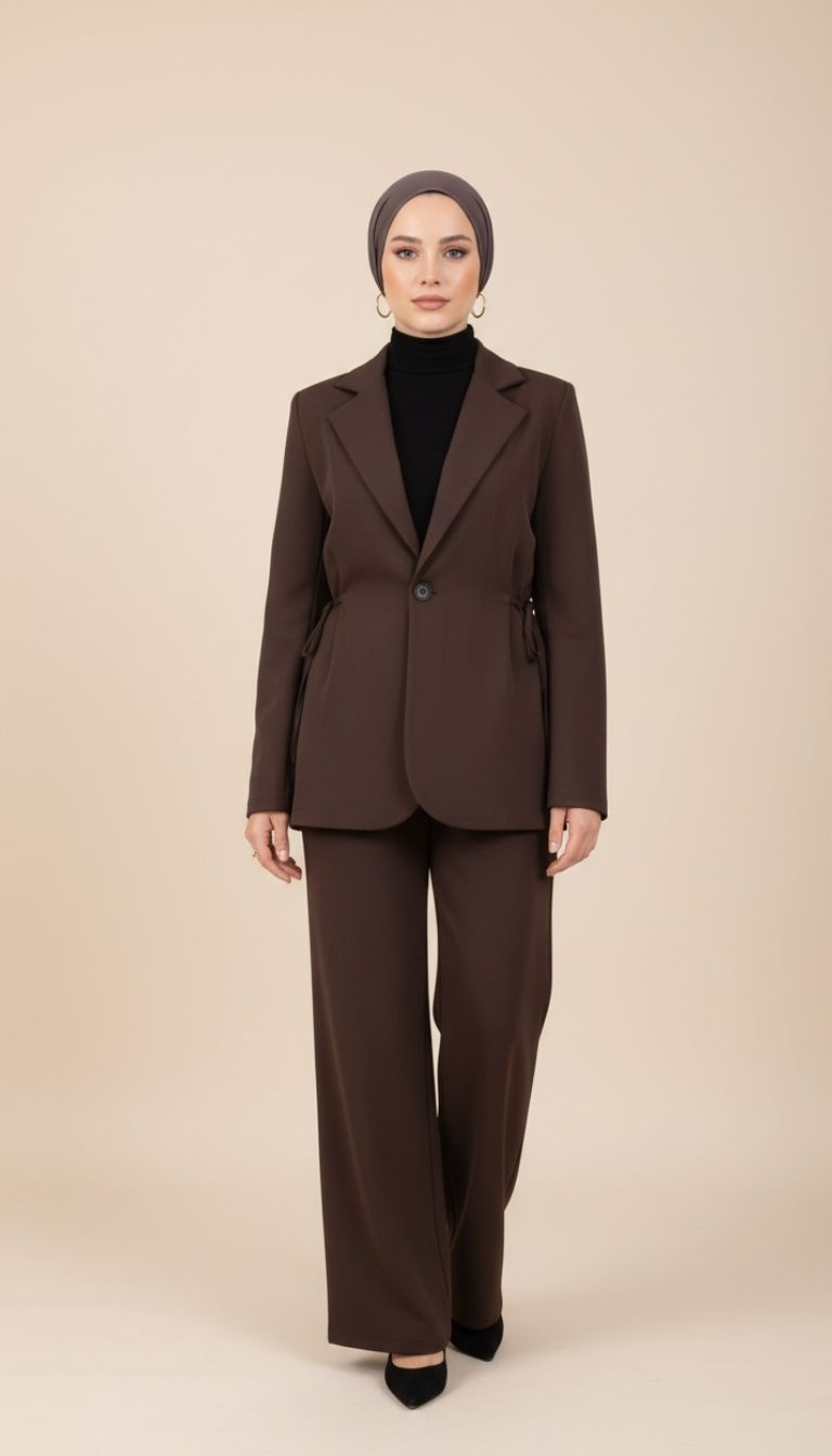 Bürem Butik Yandan Bağlamalı Blazer Takım – Kahve